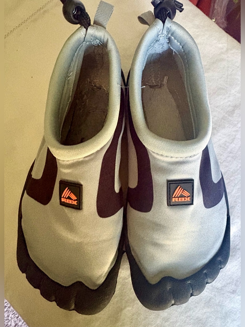 RBX Kids Slip-On Water Shoes Light Gray with Black and Orange Logo
